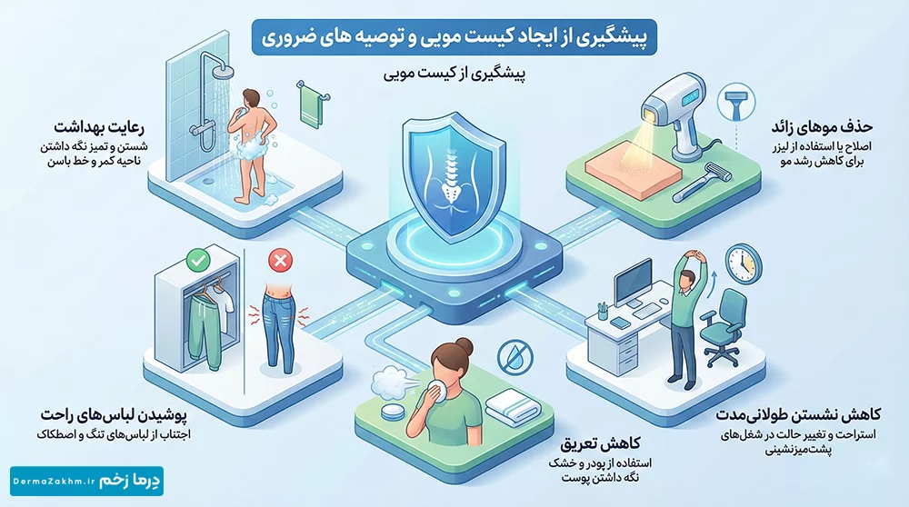 اینفوگرافیک پیشگیری از ایجاد کیست مویی و توصیه های ضروری